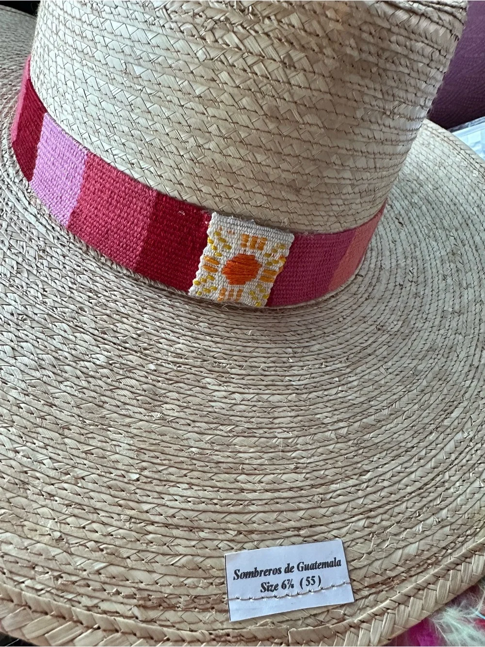 Sunshine Tienda Handwoven palm straw Sun Hat with Pink and Red Band xs/s 6 7/8